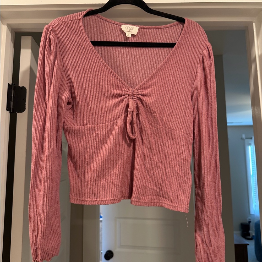 Pink Rose Mauve Ribbed Tie-Front Long Sleeve Top